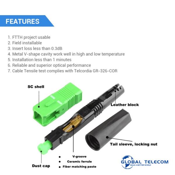 ISO9001 Ftth Fast Connector , Sc Apc Quick Connector 20N Tension