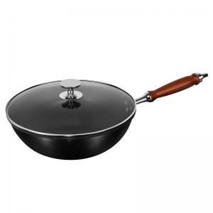 China 9.3cm Deep Black Carbon Steel Frying Pan Forged Wooden Handle on sale