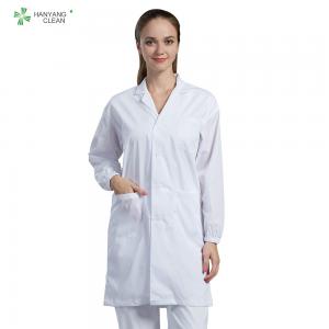 China 100% Polyster ESD Anti Static Clean Room Lab Coats White Color With Pocket Pen Holder on sale