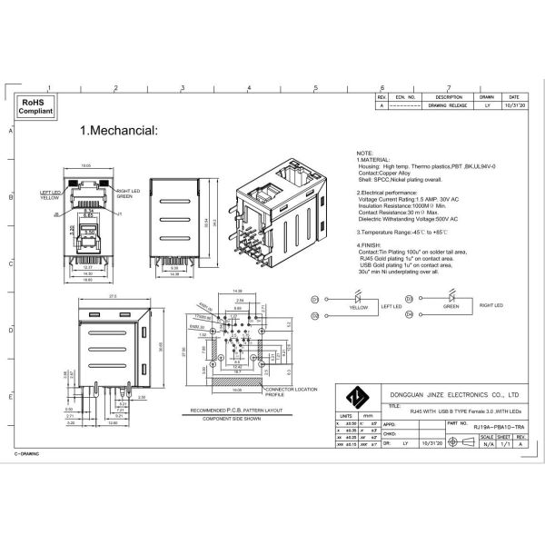 Shielded RJ45 Ethernet Female Jack USB 3.0 Type B Combo