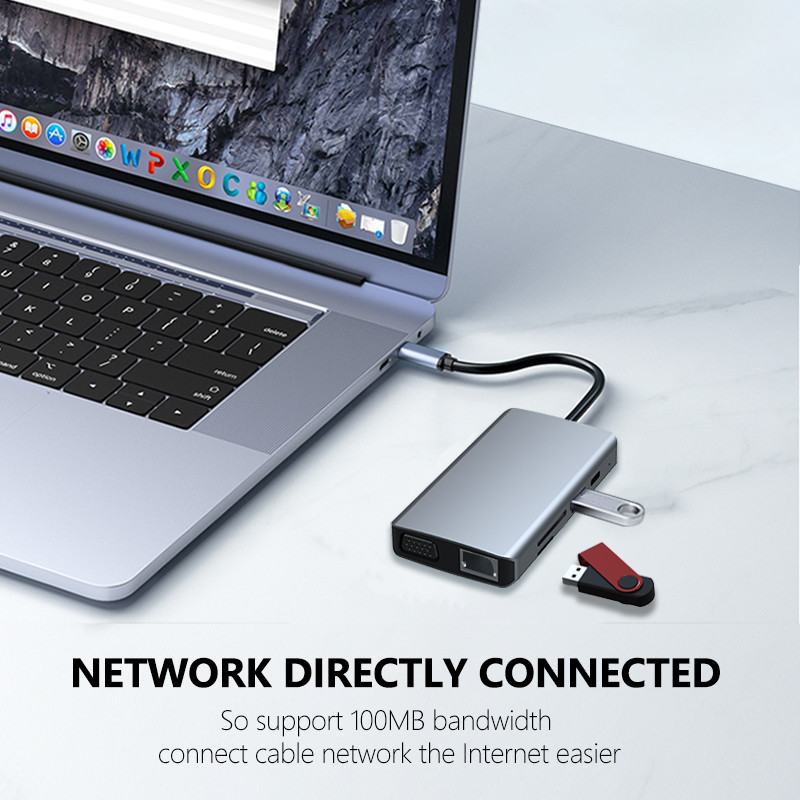 HDMI1.4 VGA USB3.0 USB PD SD/TF RJ45100M USB Port Hubs 3.5mini Jack