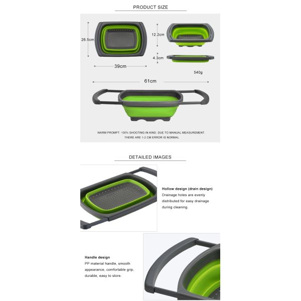 Collapsible Over the Sink Silicone Colander With Long Handle Kitchen Folding Strainer