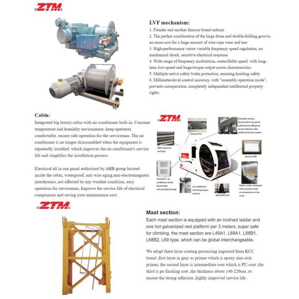 ZTT256 Flattop Tower Crane 10t Capacity 70m Jib Length 2.3t Tip Load Hoisting Equipment