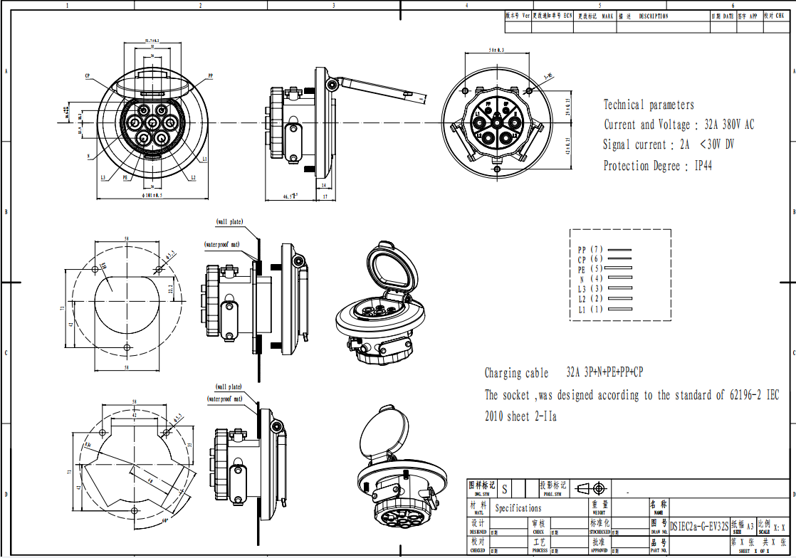 0.5m Ohm Type 2 Inlet EV Charging Socket Type 2 IEC 62196-2