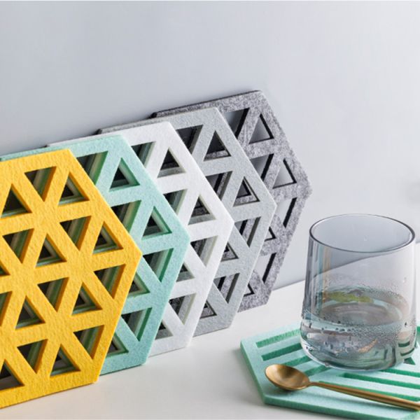 Custom Hexagon Drink Cup Hollow Decorative Felt Coaster Set Fancy For Gift