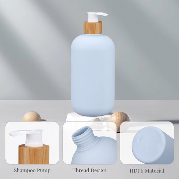 Shampoo Bottle with Bamboo Lid HDPE Plastic Type Soft Touch Empty Body Lotion Container