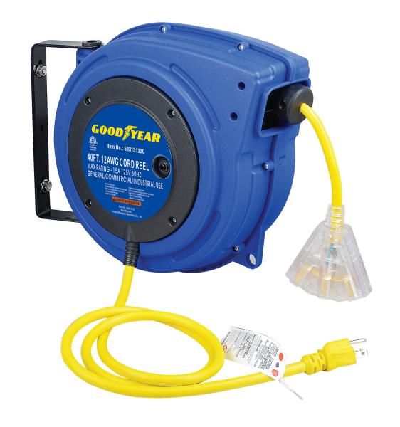 Buy Goodyear LED lighted Connector Enclosed Driven Spring cord reel with double adjustment function at wholesale prices